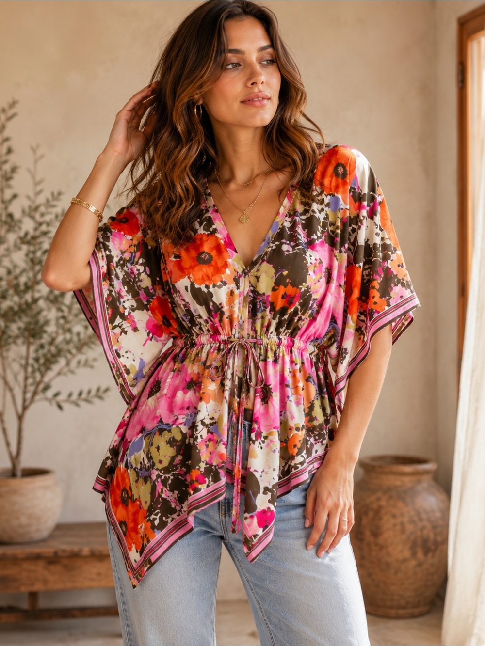 Artsy Floral Tunic Top Asymmetrical Waist Cinch Boho Blouse · New York & Company